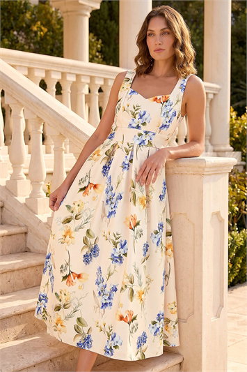 White Petite Floral Print Premium Stretch Midi Dress
