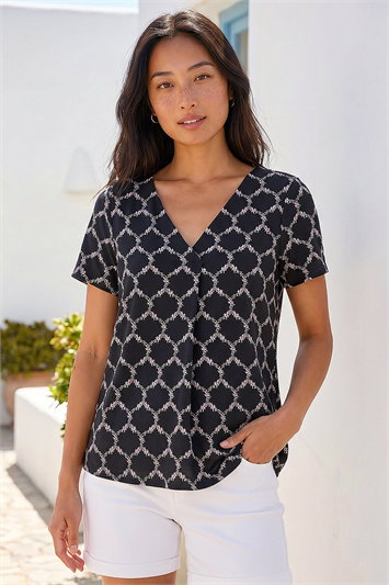 Black Petite Abstract V-Neck Stretch Top