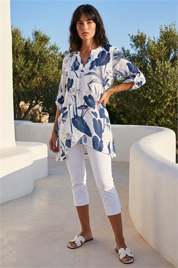 Palm Print V-Neck Wrap Hem Tunic Top 20118560