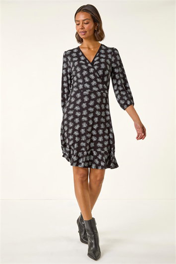 Black Leaf Print Wrap Stretch Dress