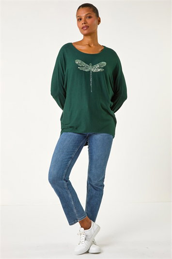 Dragonfly Print Sequin Knitted Stretch Top 19376134
