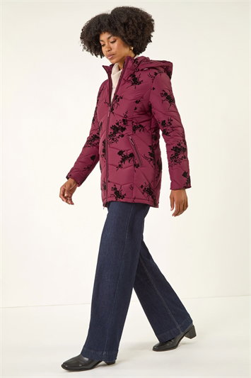 Red Floral Flock Padded Coat
