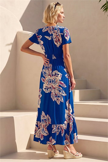 Leaf Print Shirred Maxi Dress 14740509