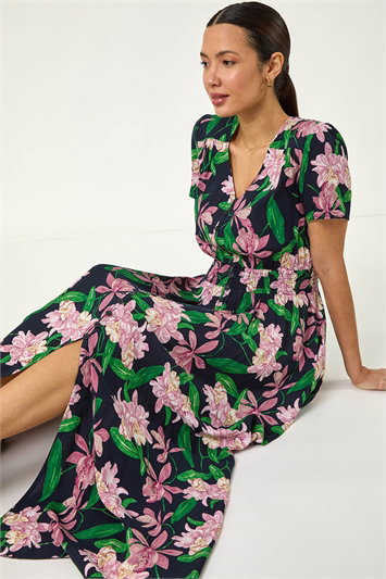 Pink Floral Shirred Maxi Dress