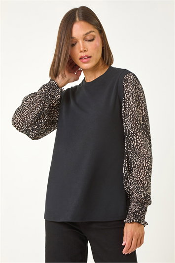 Black 2 In 1 Print Mesh Sleeve Top