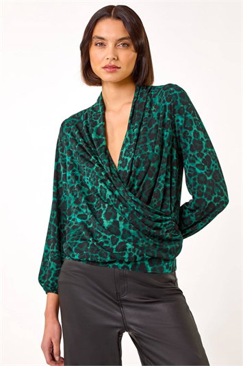 Green Animal Print Stretch Wrap Top
