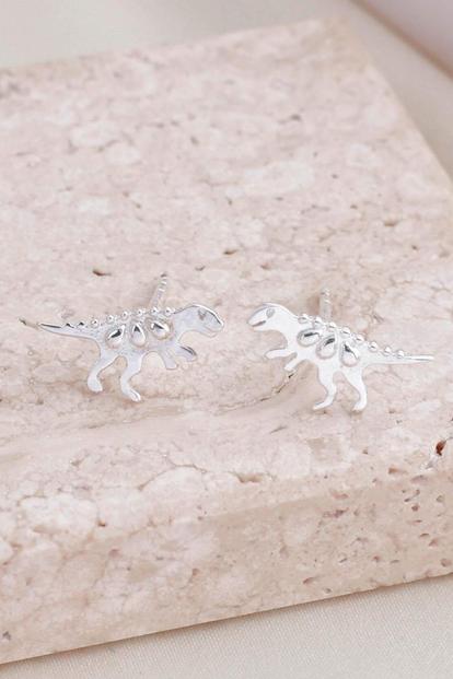 Metallic Sterling Silver T-Rex Dinosaur Stud Earrings