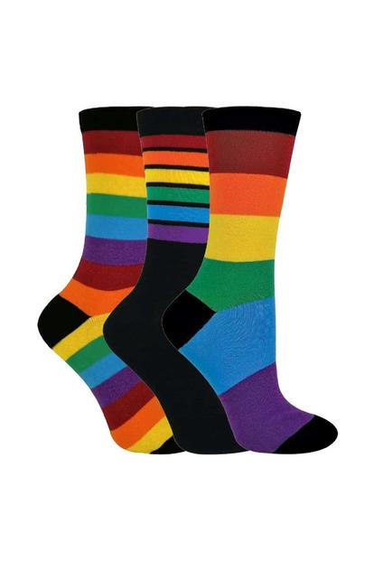 Multi 3 Pack Ladies Bright Patterned Striped Cotton Rainbow Socks
