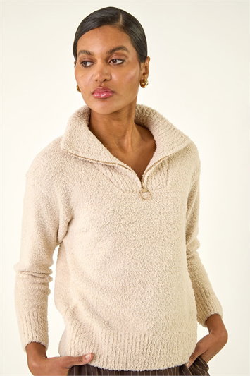 White Fluffy Zip Front Knit Jumper