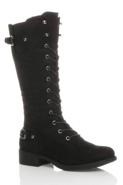 Black Lace Up Calf Military Calf Boots