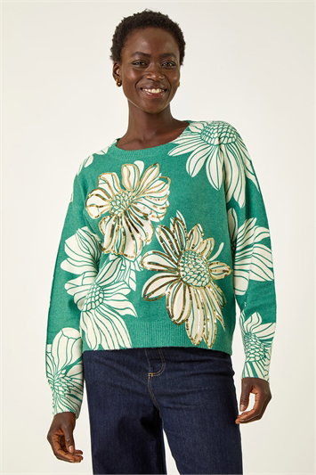 Green Floral Crew Neck Knit Jumper