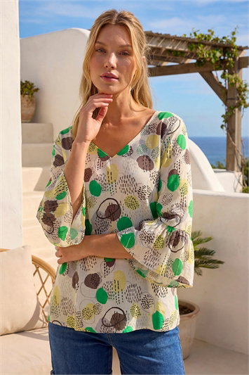 Green Abstract Spot Flare Sleeve Top