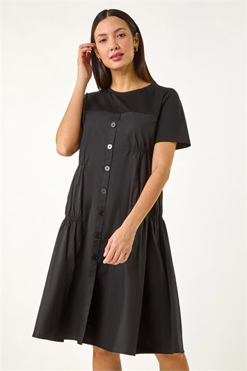 Black Gathered Mix Smock Dress