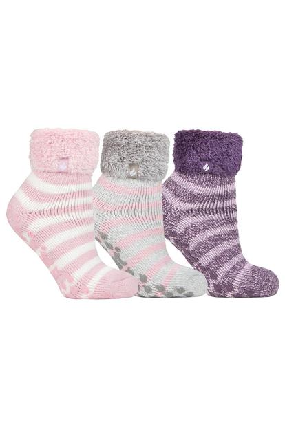 Purple Ladies 3 Pair Multipack Fluffy Fleece Slipper Bed Socks With Non Slip Grips