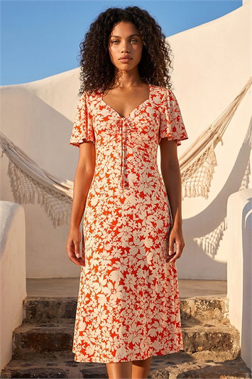 Orange Petite Floral Ruched Midi Dress
