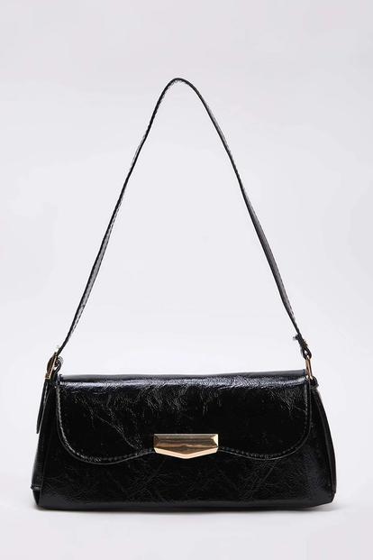 Black Women's Crinkle Patent Baguette Shoulder Bag With Metal Clasp