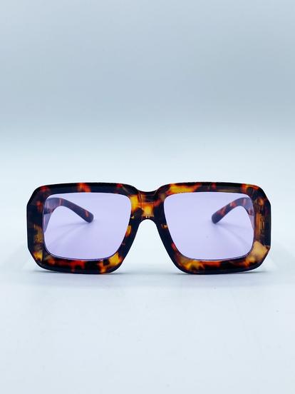 Brown Oversized Square Frame In Brown Tortoiseshell With Purple Lenses