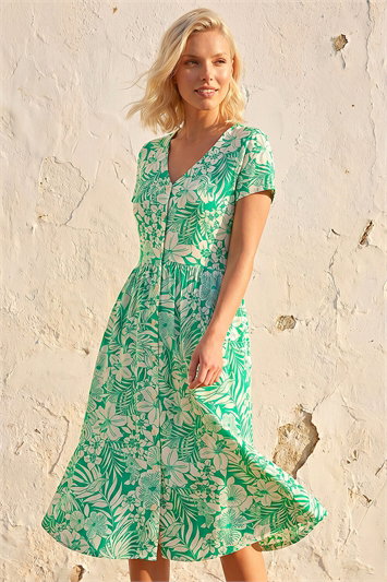 Green Petite Tropical Pocket Stretch Midi Dress