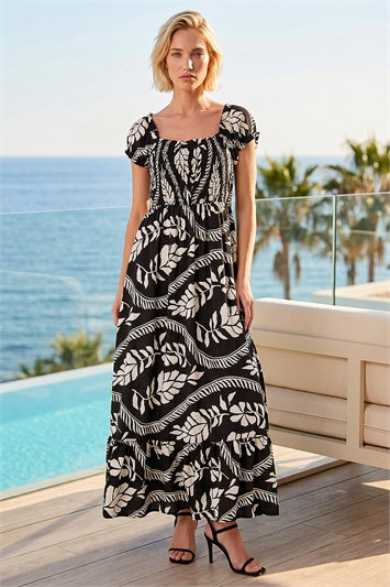 Black Leaf Print Shirred Maxi Dress