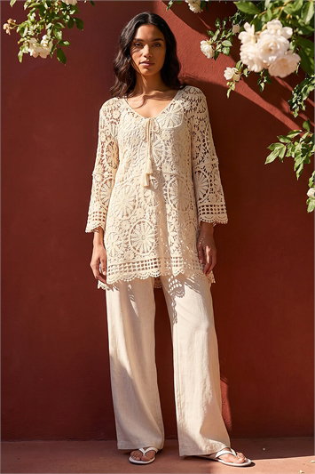 Cream Crochet Tie Front Knit Tunic