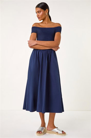 Blue Shirred Cotton Midi Dress