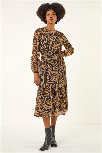 Brown Zebra Print Keyhole Midi Dress