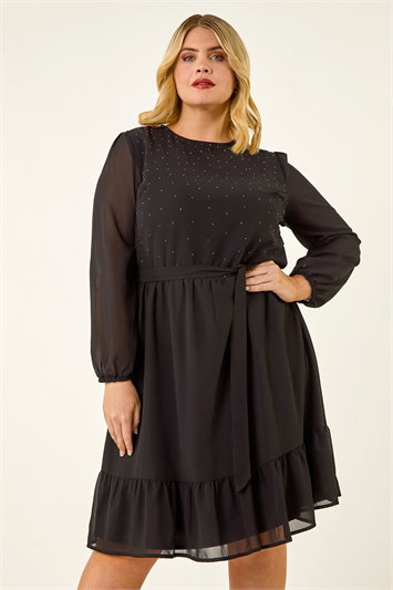 Black Curve Hotfix Tie Waist Dress