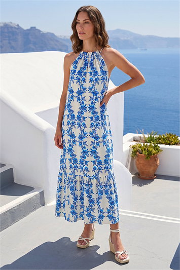 Blue Petite Floral Print Tie Midi Dress