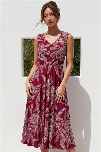 Red Leaf Print Twist Front Stretch Dress