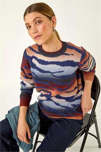 Blue Contrast Animal Print Knit Jumper