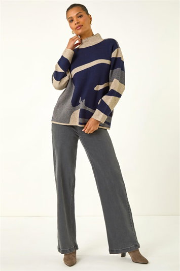 Blue Abstract Knit High Neck Jumper