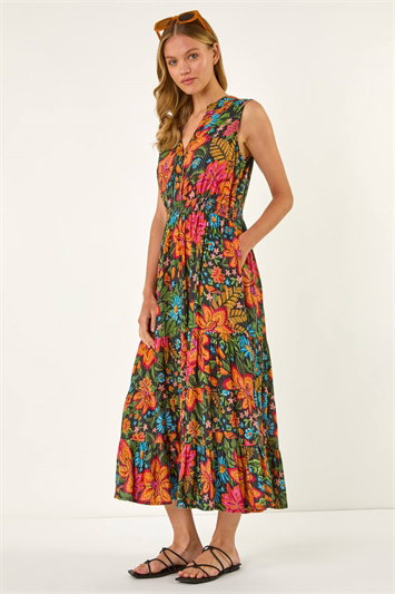 Red Floral Shirred Maxi Dress