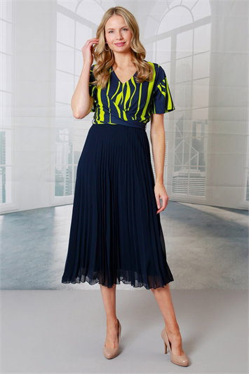 Blue Julianna Abstract Print Pleated Midi Dress