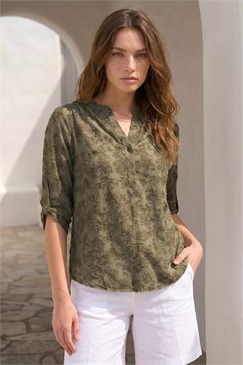 Green Petite Burnout Print Button Shirt