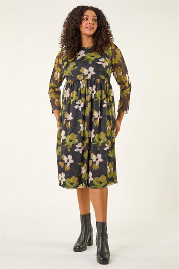 Curve Floral Print Mesh Midi Dress 14802934