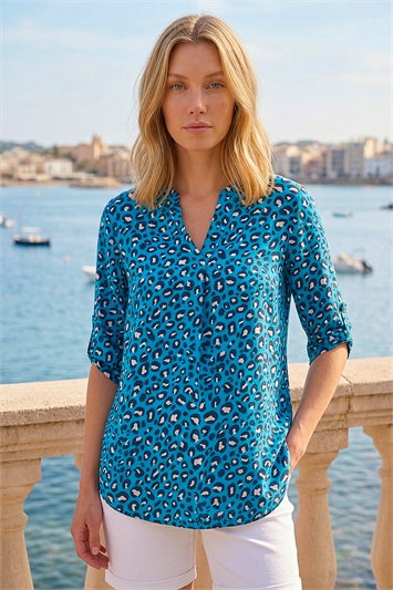 Blue Animal Print Woven Top