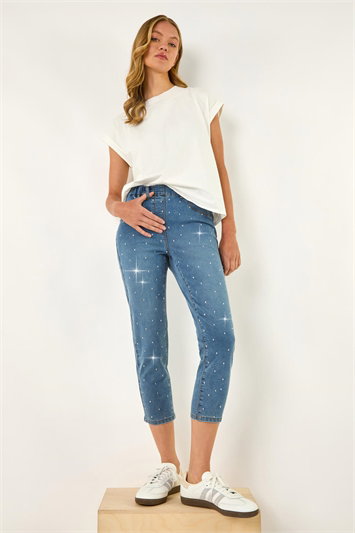 Blue Embellished Cropped Stretch Jeggings