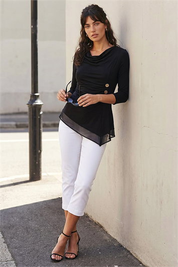 Button Detail Chiffon Hem Top 19472508