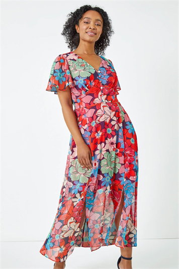 Petite Floral Button Front Chiffon Midi Dress 14365972