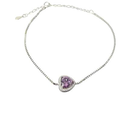 Metallic Amethyst February Birthstone Love Heart Charm Sterling Silver Bracelet