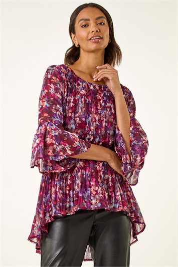 Red Metallic Abstract Pleated Top