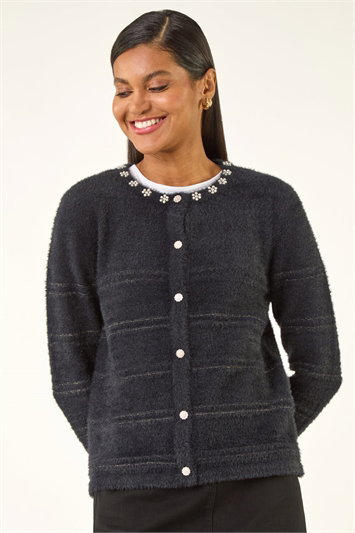 Black Fluffy Faux Pearl Knit Cardigan