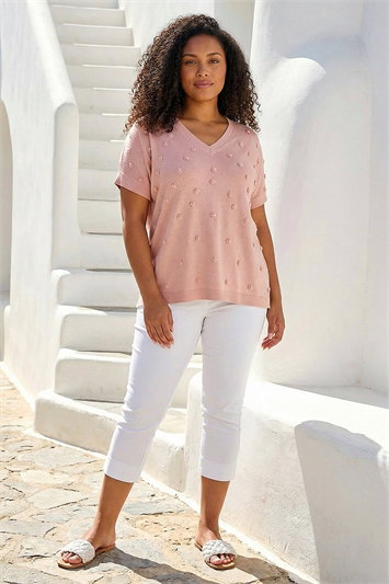 Pink Curve Faux Pearl Embellished Knit Top