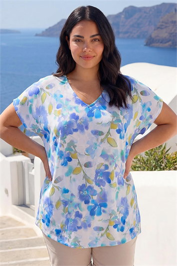 Curve Floral Print V-Neck Top 20251409