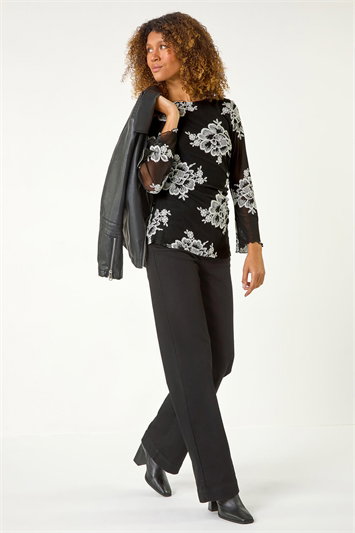 Black Floral Mesh Sleeve Stretch Top