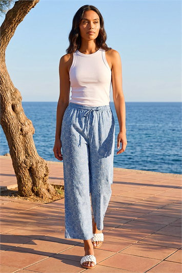Blue Floral Print Wide Leg Trousers