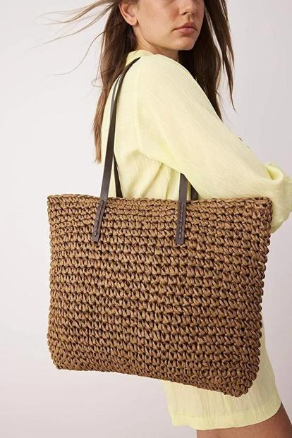 Brown Woven Straw Large Shoulder Tote Bag