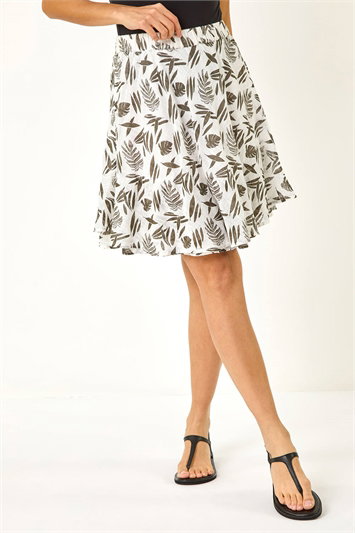 White Leaf Print Short A-Line Skirt