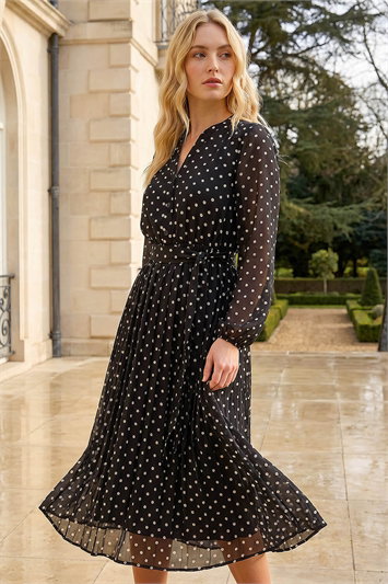Black Polka Dot Pleated Midi Dress