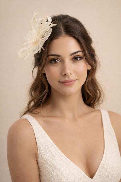Cream Crystal Feather Blossom Fascinator & Brooch